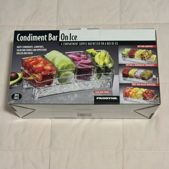 Prodyne Other - Clear Condiment 4 Compartments Service Bar nested on bed of ICE New in B…